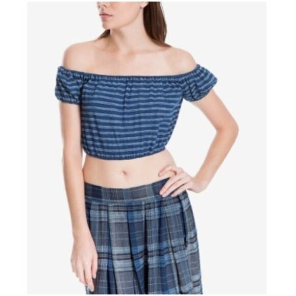 Size XL Max Studio Blue Striped Off Shoulder Top - Picture 1 of 1